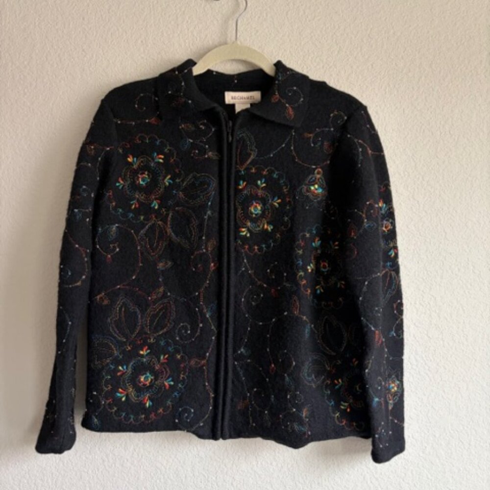 Bechamel Black/Embroidered Colorful Floral Beads Zip Wool Jacket/Sweater M Boho
